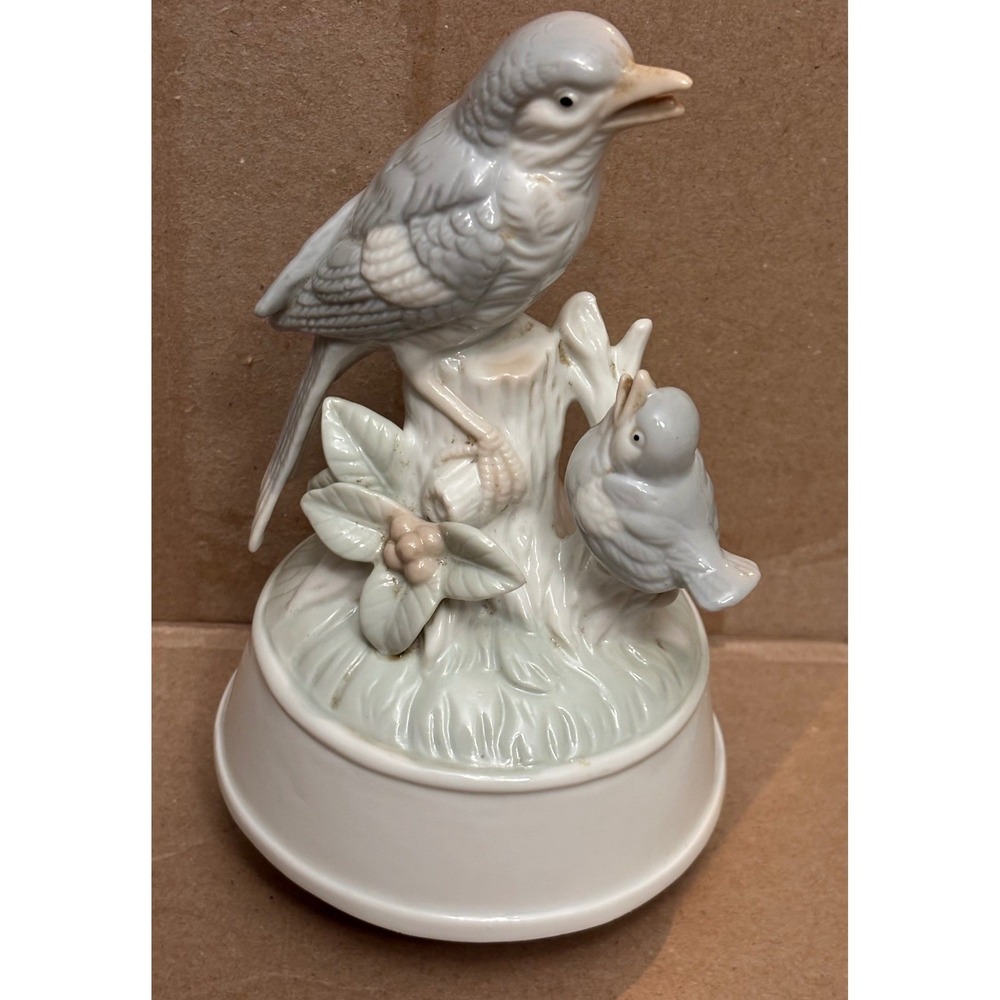 Vintage Ceramic Bird Music Box Mother Baby Bird Figurine